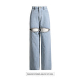 Pantalon taille haute en jean à jambes larges, pantalon droit à découpes et à perles en diamant